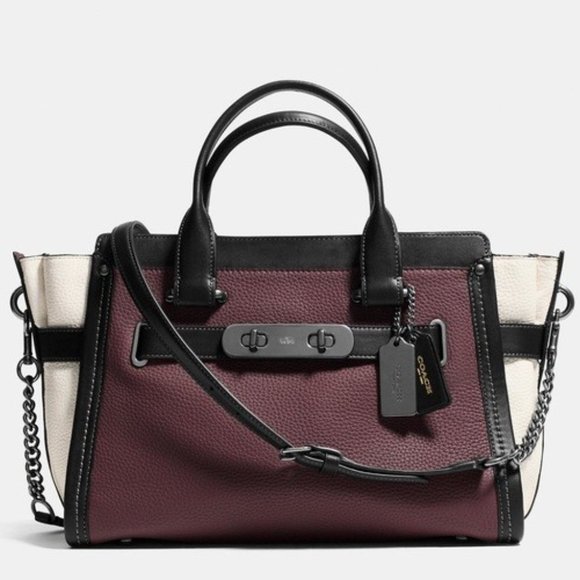 Coach Pebbled Leather COH Swagger Burgundy Colorblock Satchel Purse Chain Strap - Picture 16 of 16